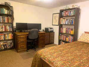 Bedroom featuring light colored carpet and a desk
