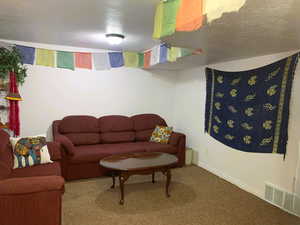 Carpeted living room with a textured ceiling and baseboards