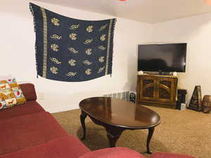 Carpeted living area featuring baseboards