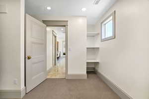 Spacious closet with light carpet