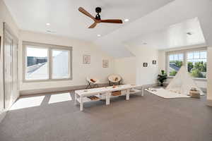 Carpeted home office featuring recessed lighting, a ceiling fan, and lofted ceiling