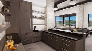Bar area featuring open shelves, dark brown cabinets, beam ceiling, light wood-style floors, and pendant lighting