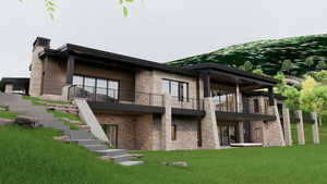 Rear view of property featuring stairway, a yard, and a patio area