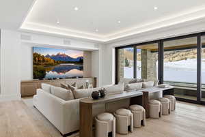 Living area featuring light wood-style flooring, recessed lighting, and a tray ceiling