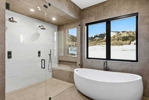 Bathroom featuring a freestanding bath, a stall shower, tile walls, and tile patterned floors