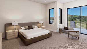 Carpeted bedroom with access to outside and recessed lighting