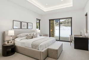 Bedroom with access to outside, carpet flooring, and recessed lighting