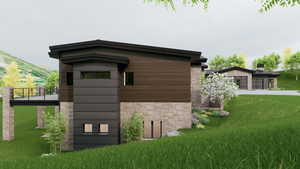 View of home's exterior with a lawn and stone siding