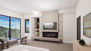 Living room featuring a fireplace, wood finished floors, and recessed lighting