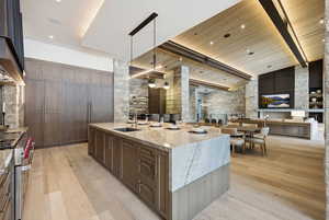 Kitchen with light stone countertops, open floor plan, pendant lighting, range with two ovens, and high vaulted ceiling