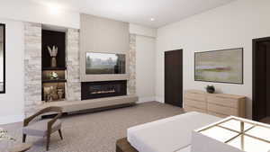 Bedroom featuring wood finished floors, a fireplace, and recessed lighting