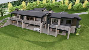 Rear view of house featuring stone siding, a patio area, a lawn, and a metal roof