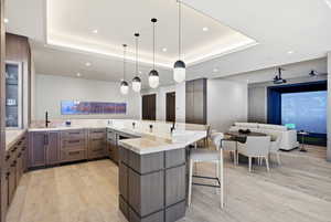 Kitchen featuring a peninsula, a tray ceiling, open floor plan, light wood-type flooring, and pendant lighting