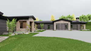 View of front of home with stone siding, a front yard, a metal roof, and a chimney