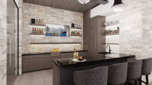 Indoor wet bar with open shelves, light wood-style flooring, wood ceiling, and modern cabinets