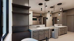 Bathroom with two vanities and tiled shower