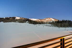 Yard layered in snow with a mountain view