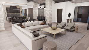 Living room featuring light wood-type flooring and a wood ceiling with exposed beams