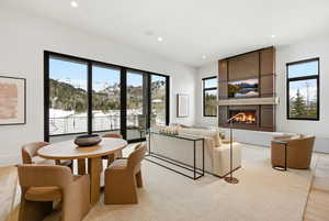 Living area with light wood-type flooring, a large fireplace, and recessed lighting
