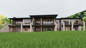 Back of house with a balcony and brick siding