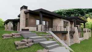 View of side of home featuring stone siding, a patio area, stairs, a balcony, and a chimney