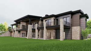 Back of property featuring a patio area, a yard, stone siding, and a balcony