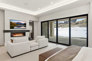 Bedroom with a glass covered fireplace and access to exterior