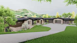 View of front of house with stone siding, a chimney, a front lawn, driveway, and a mountain view