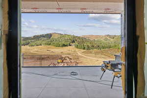 View of patio / terrace featuring a mountain view