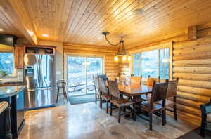 Dining space with wooden ceiling and log walls