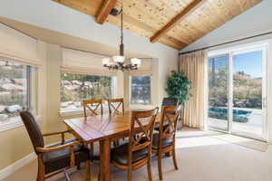 Carpeted dining room featuring a chandelier, wooden ceiling, and healthy amount of natural light