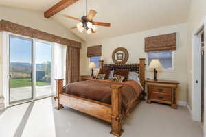 Bedroom featuring multiple windows, light colored carpet, access to outside, and a ceiling fan