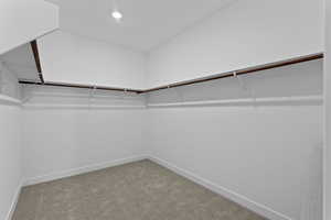 Spacious closet featuring light colored carpet