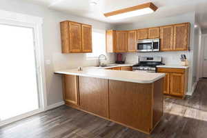 Kitchen with oak cabinets, light countertops, stainless steel appliances, a peninsula, and recessed lighting, double door to pat
