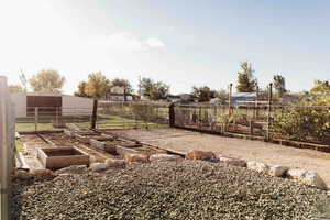 View of yard with a vegetable garden and an outbuilding