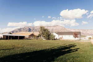 View of back of home, yard & mountain background