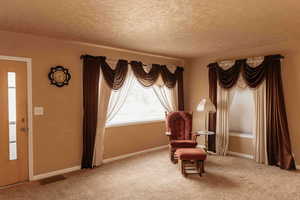 Living area with carpet flooring and a textured ceiling