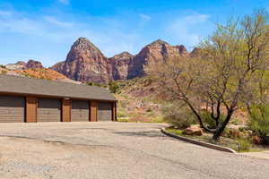 Garage featuring a mountain view