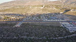 Aerial perspective of suburban area featuring a mountainous background