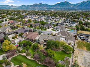 Aerial view of residential area featuring mountains