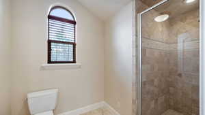 Full bathroom featuring a stall shower and lofted ceiling