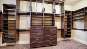 Walk in closet featuring light colored carpet