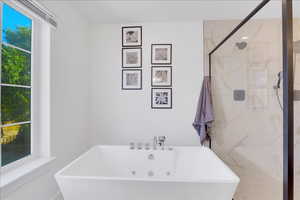 Bathroom featuring a freestanding bath and a marble finish shower