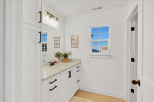 Bathroom with vanity and light wood-type flooring