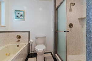 Bathroom with a shower stall, a whirlpool tub, and tile patterned floors