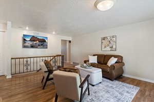 Living room featuring wood finished floors and a textured ceiling
