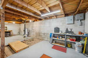 Unfinished basement featuring electric panel and electric water heater