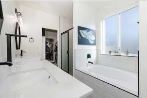 Bathroom featuring a walk in closet, a garden tub, a stall shower, and double vanity