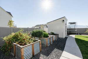 Fenced backyard with a garden and an outdoor structure