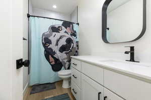 Bathroom with vanity, light wood finished floors, and recessed lighting